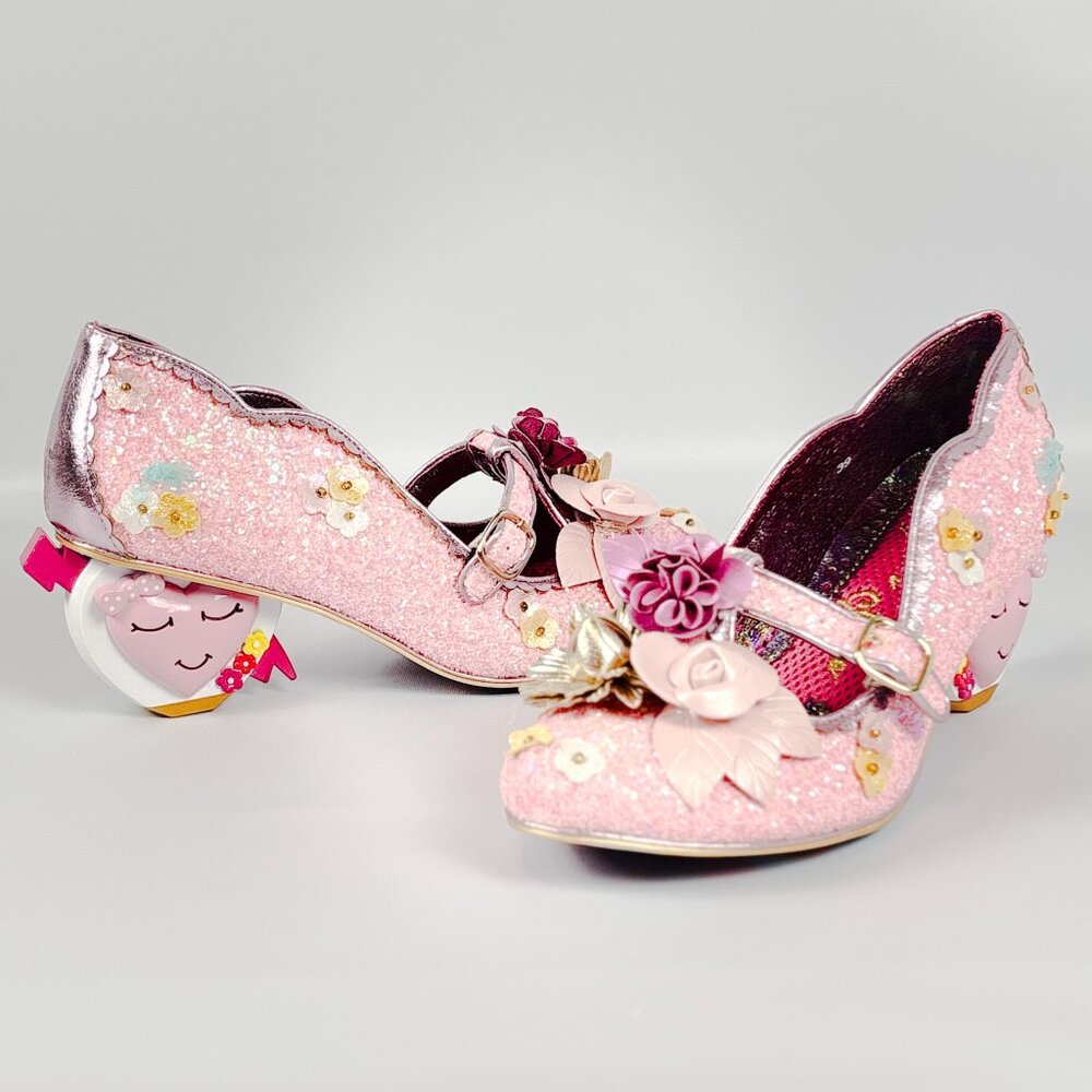 Irregular Choice Amare Pink Glitter Floral Heels – Size 39